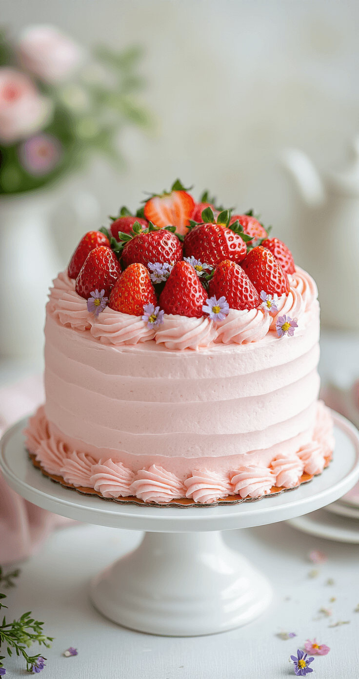 BERRY FIRST BIRTHDAY CAKE: A DELIGHTFUL SMASH CAKE CELEBRATION Overhead view of a 6-inch round birthday smash cake on a white ceramic stand, featuring pink-tinted whipped cream frosting, a crown of fresh strawberries, and scattered edible flowers, set against a softly blurred vintage tea party background.