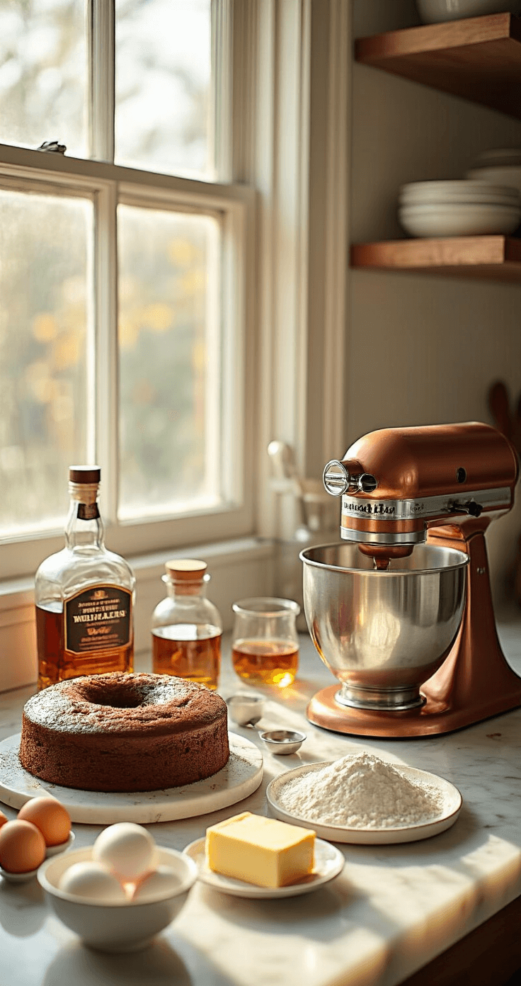 BIRTHDAY CAKE IDEAS FOR MEN: THE ULTIMATE GUIDE A well-lit professional kitchen showcasing the preparation for a chocolate whiskey cake, with neatly arranged ingredients including premium whiskey, flour, cocoa powder, and butter on a marble countertop, alongside a copper stand mixer and measuring tools.