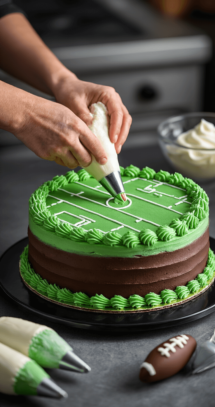 BIRTHDAY CAKE IDEAS FOR MEN: THE ULTIMATE GUIDE Close-up of hands piping green buttercream onto a chocolate cake to resemble a football field, with a sleek black turntable, professional kitchen background, and decorating tools nearby.