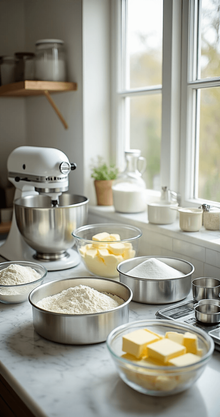 ELSA BIRTHDAY CAKE: THE ULTIMATE FROZEN-INSPIRED DESSERT MASTERPIECE A bright professional kitchen with neatly arranged measured ingredients, spotless cake pans, a stand mixer, and natural light streaming through a window, emphasizing an organized mise en place.