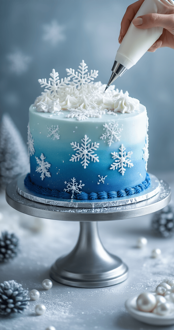 ELSA BIRTHDAY CAKE: THE ULTIMATE FROZEN-INSPIRED DESSERT MASTERPIECE A blue ombré cake with a silver stand, decorated with white fondant snowflakes and intricate ice crystal piping, sparkling with edible glitter in a soft, cool winter atmosphere.