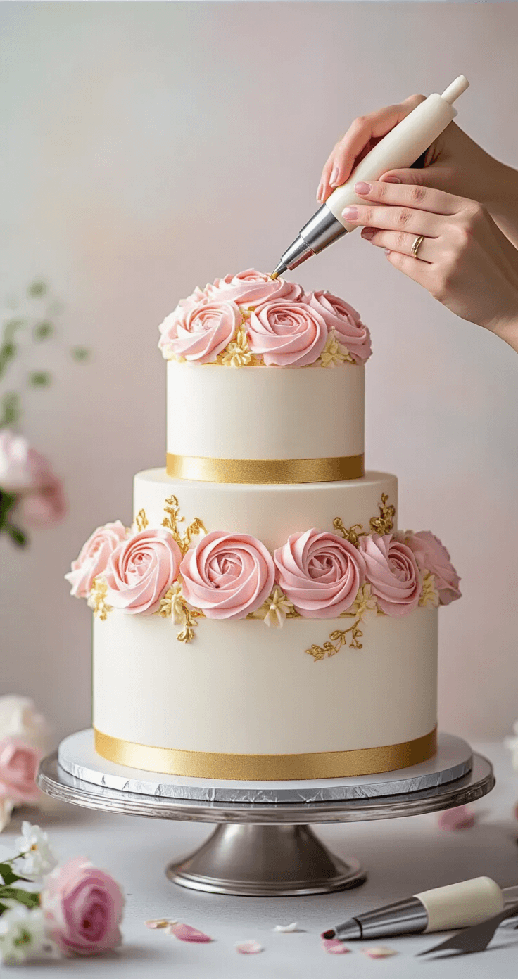 Ultimate Women's Birthday Cake Guide: From Classic to Spectacular Close-up of hands piping pink and gold buttercream roses onto a three-tiered white cake on a silver stand, with scattered fresh flowers and professional tools against a soft-focus pastel background.