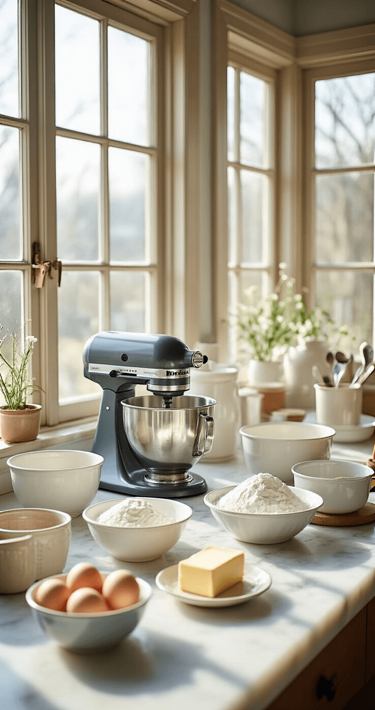 22nd Birthday Cake: A Delicious Milestone Celebration Professional kitchen workspace with natural light, featuring organized baking ingredients like fresh eggs, softened butter, and flour in vintage bowls on a marble countertop, along with a KitchenAid mixer and aligned cake pans.