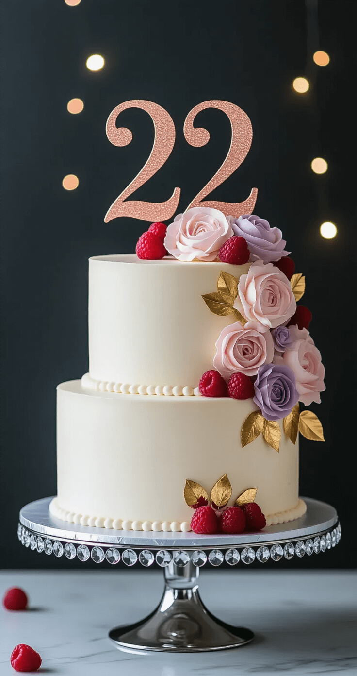 22nd Birthday Cake: A Delicious Milestone Celebration Elegant two-tiered birthday cake with pearl-white buttercream frosting, gold leaf accents, fresh raspberries, and soft pink and lavender buttercream flowers, topped with a rose gold '22' cake topper, set on a crystal cake stand against a dark charcoal backdrop.