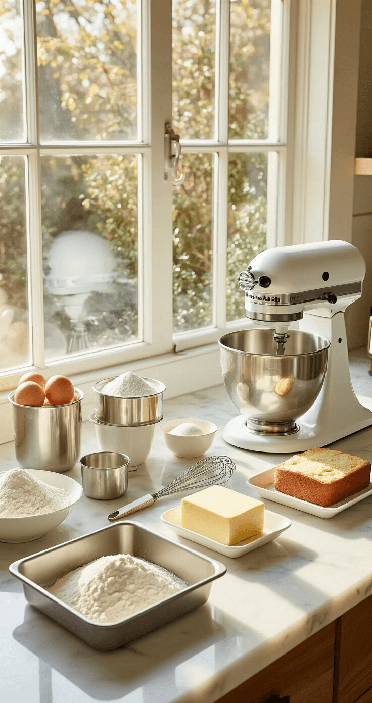 Heart-Shaped Birthday Cake: A Delightful Homemade Masterpiece A bright professional kitchen workspace with a marble countertop, neatly arranged baking ingredients, a KitchenAid mixer, measuring cups, spatulas, and two cake pans, creating an inviting atmosphere for cake preparation.