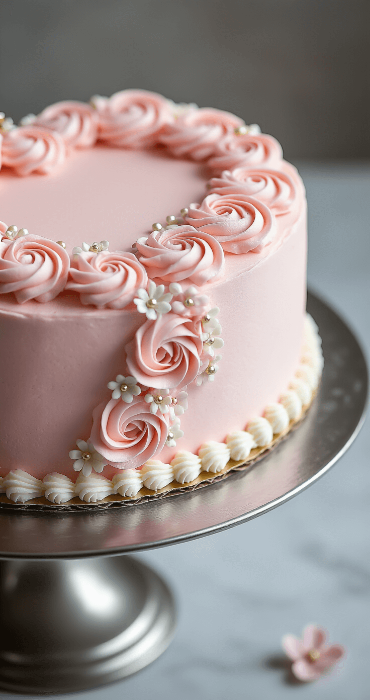 Heart-Shaped Birthday Cake: A Delightful Homemade Masterpiece A heart-shaped cake with pink buttercream frosting, white piped rosettes, pearled borders, sugar flowers, and metallic dragées on a rotating silver stand under soft lighting.