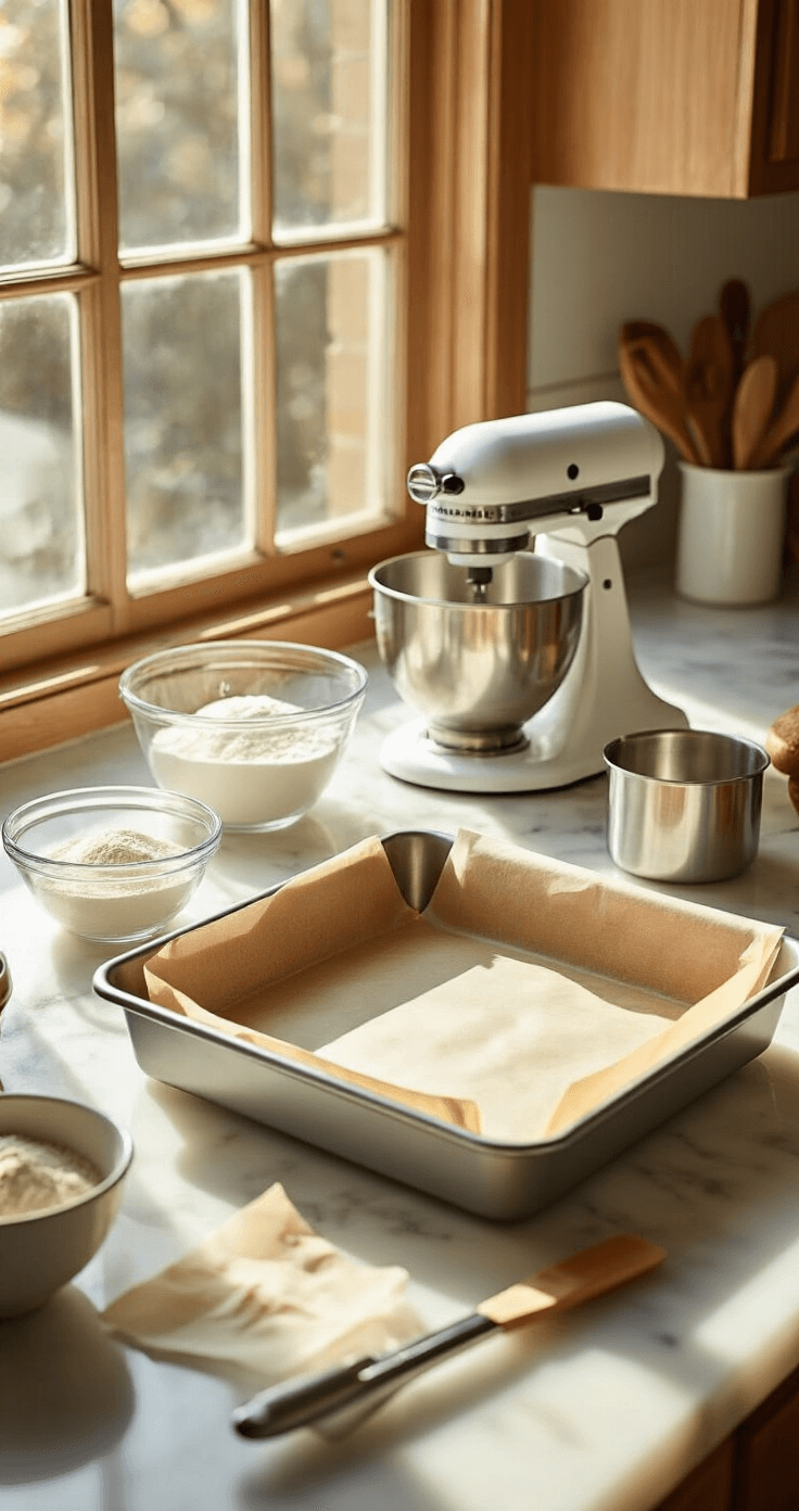 BIRTHDAY SQUARE CAKE: THE ULTIMATE CELEBRATION CENTERPIECE A professional kitchen setup with warm natural light, showcasing measured ingredients in glass bowls, a 9-inch square cake pan lined with parchment paper, and baking tools like an electric mixer and measuring cups on a marble countertop.