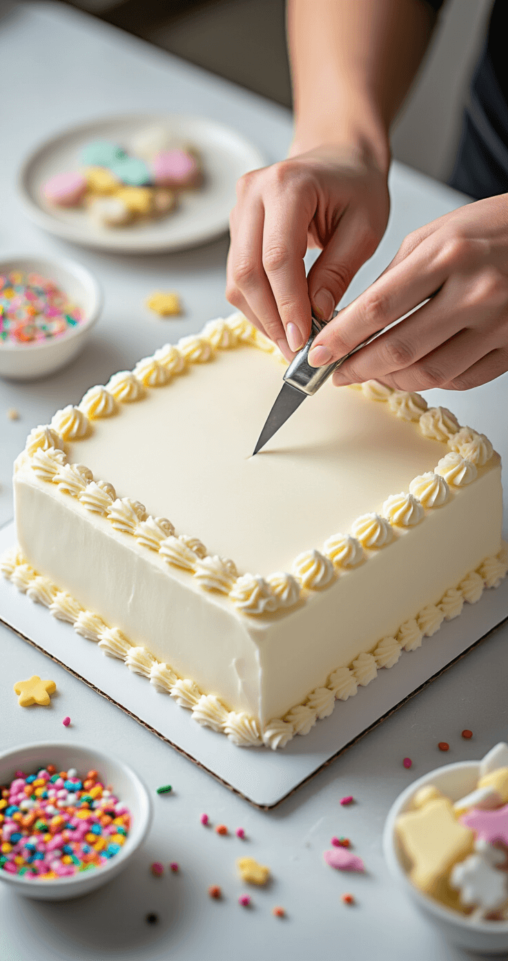BIRTHDAY SQUARE CAKE: THE ULTIMATE CELEBRATION CENTERPIECE Close-up of hands decorating a square birthday cake with smooth frosting and intricate piping details, surrounded by decorating tools and colorful sprinkles in a professional patisserie setting.