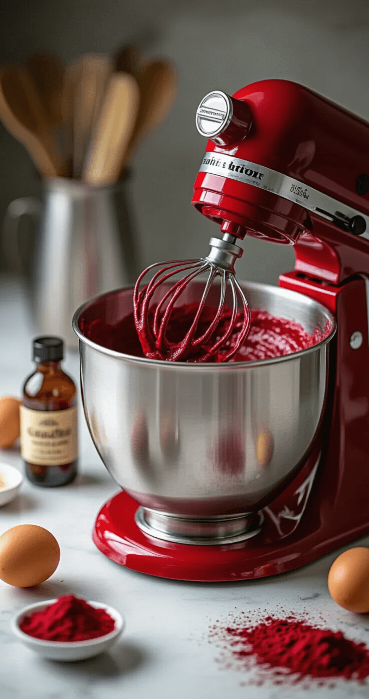 Red Velvet Birthday Cake: A Stunning Celebration Centerpiece Close-up of rich crimson red velvet cake batter being mixed in a stainless steel bowl, surrounded by scattered ingredients like cocoa powder, vanilla extract, and eggs on a marble countertop, with professional baking tools in the background.