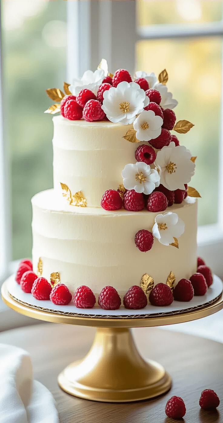 Red Velvet Birthday Cake: A Stunning Celebration Centerpiece A professional photograph of a two-tier red velvet cake on a gold cake stand, featuring smooth cream cheese frosting, gold leaf accents, fresh raspberries, and white sugar flowers, with a soft bokeh background.