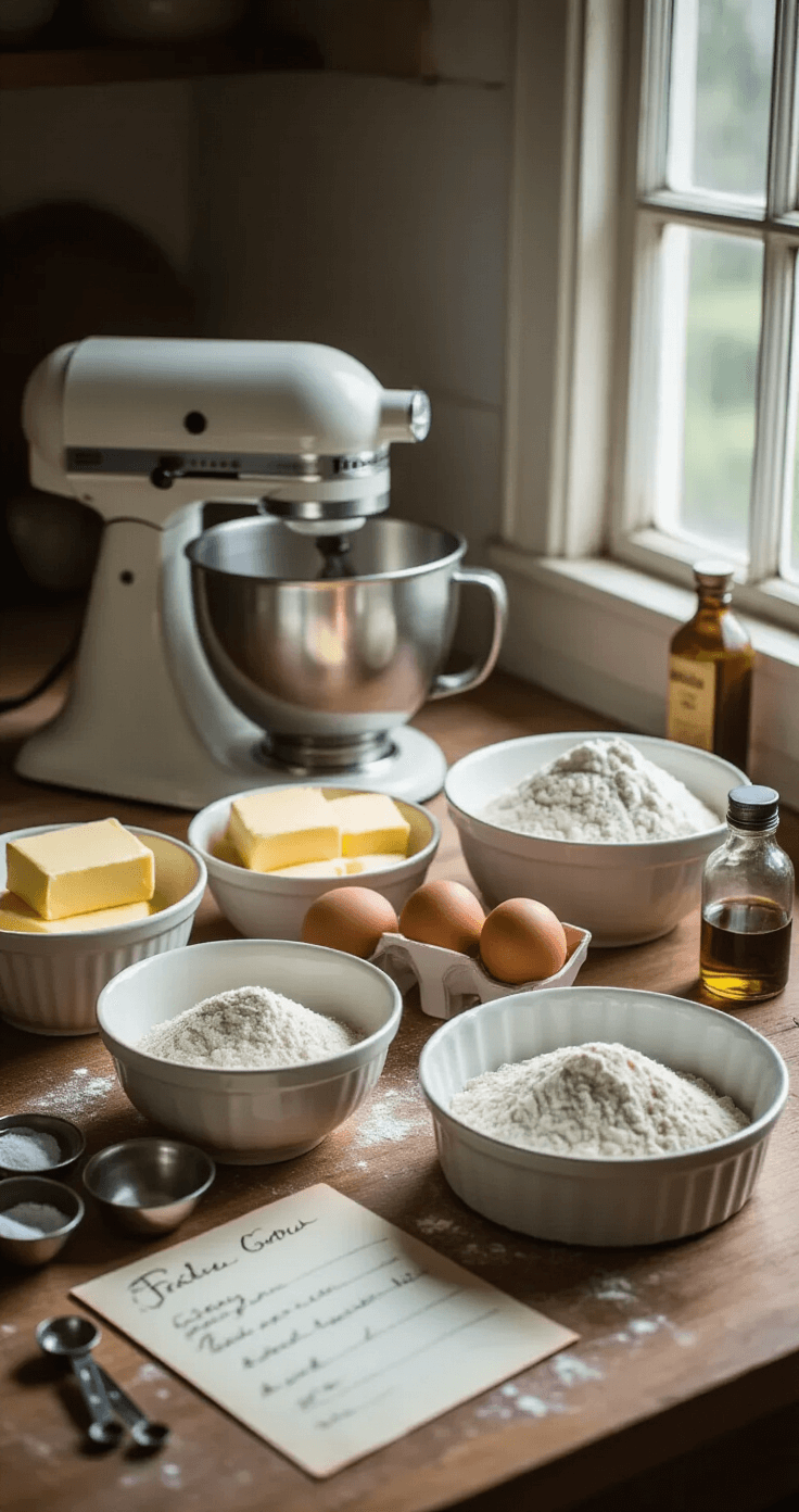 HEART CAKE FOR BIRTHDAY: A DELIGHTFUL CELEBRATION CENTERPIECE Close-up of a pristine kitchen workspace featuring vintage ceramic bowls with softened butter, fresh eggs, and sifted flour, illuminated by natural light. A professional stand mixer and two clean cake pans are present, along with a handwritten recipe card, measuring spoons, and vanilla extract arranged to create leading lines.