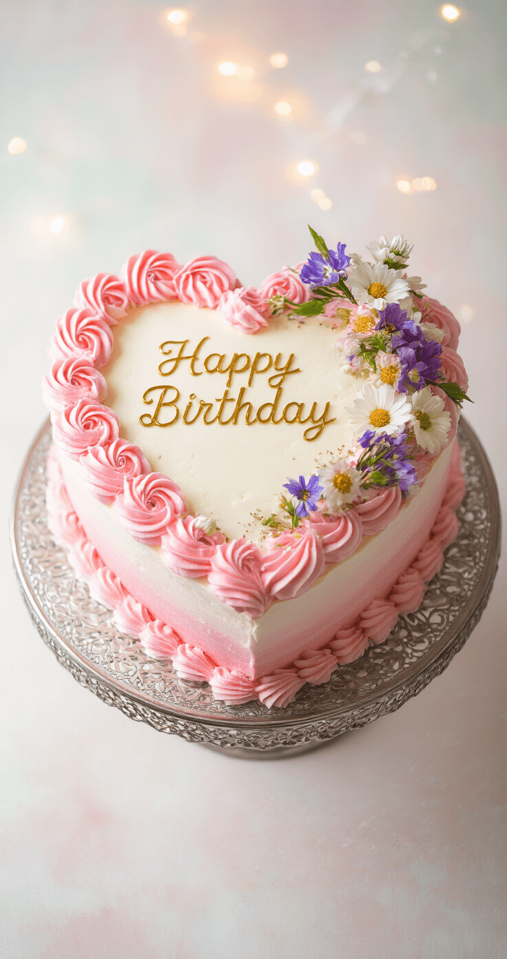 HEART CAKE FOR BIRTHDAY: A DELIGHTFUL CELEBRATION CENTERPIECE Overhead view of a heart-shaped cake with pink ombré buttercream frosting and piped rosettes on a silver stand, adorned with fresh flowers and metallic sprinkles, featuring a gold birthday message against a soft pastel background.