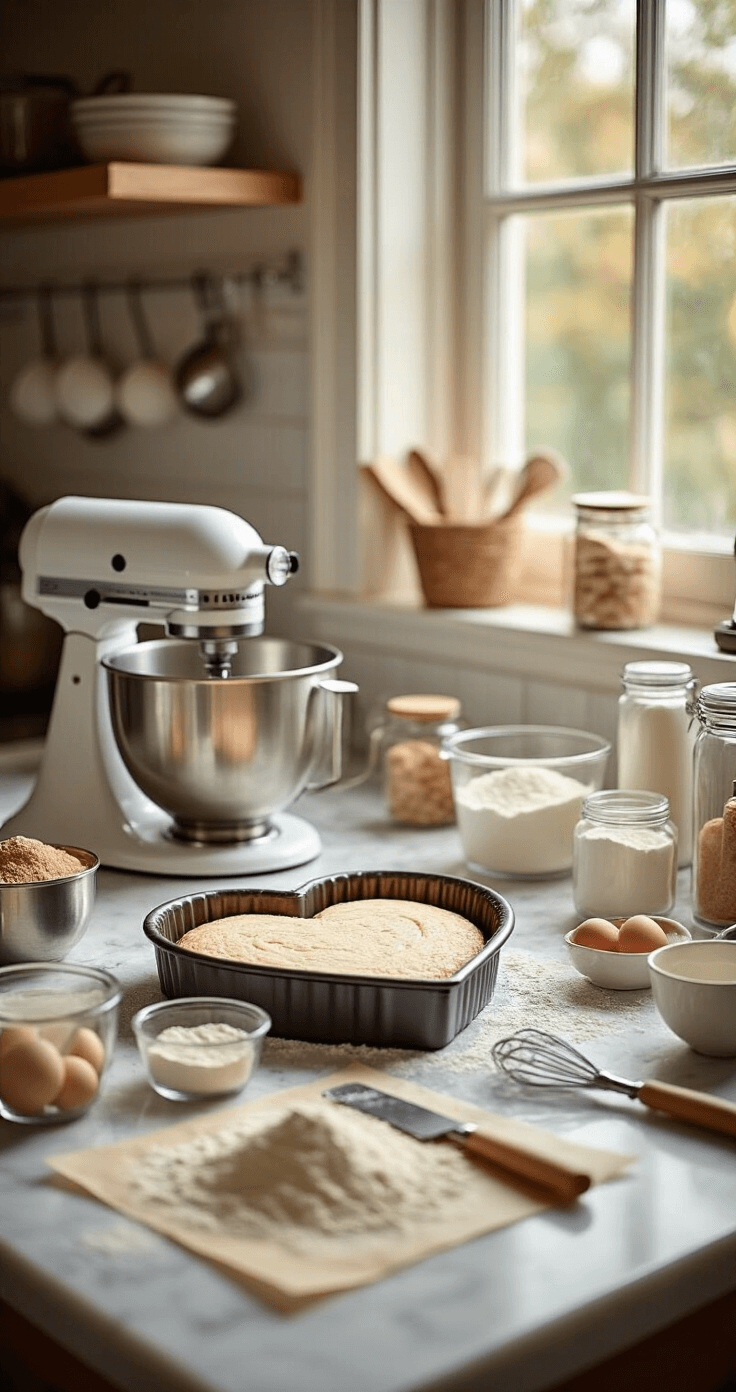 Heart Birthday Cake: The Ultimate Celebration Centerpiece A professional baking station set up for heart cake preparation, featuring stainless steel mixing bowls, measured ingredients in glass containers, and a heart-shaped cake pan with parchment paper, all illuminated by warm natural light.