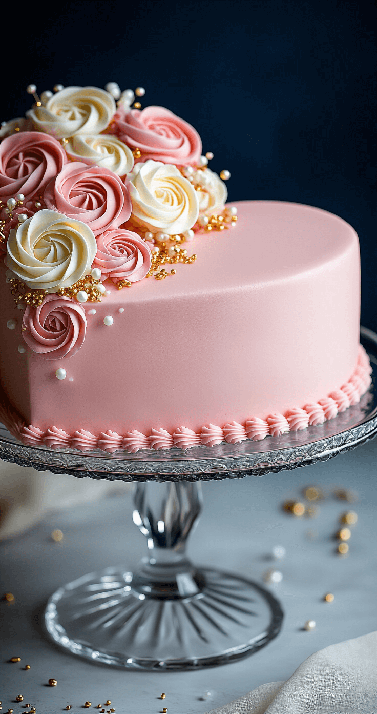 Heart Birthday Cake: The Ultimate Celebration Centerpiece Stunning heart-shaped cake with pink buttercream, rosettes, pearls, and cascading sugar flowers on a crystal stand against a dark navy backdrop.