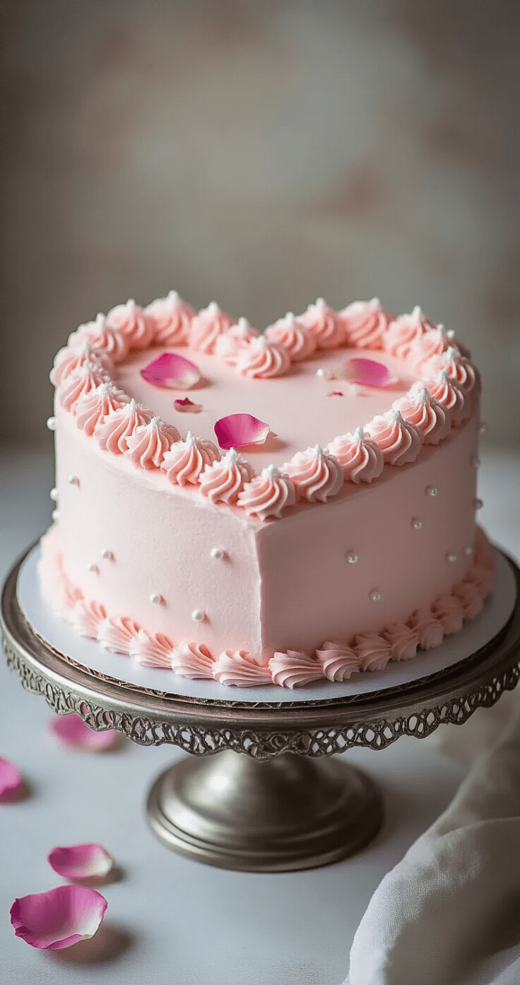 Heart-Shaped Birthday Cake: The Ultimate Celebration Centerpiece A beautifully decorated heart-shaped cake with smooth pink buttercream frosting, white rosette piping, edible pearls, and fresh rose petals, displayed on a vintage silver cake stand with soft backlighting.