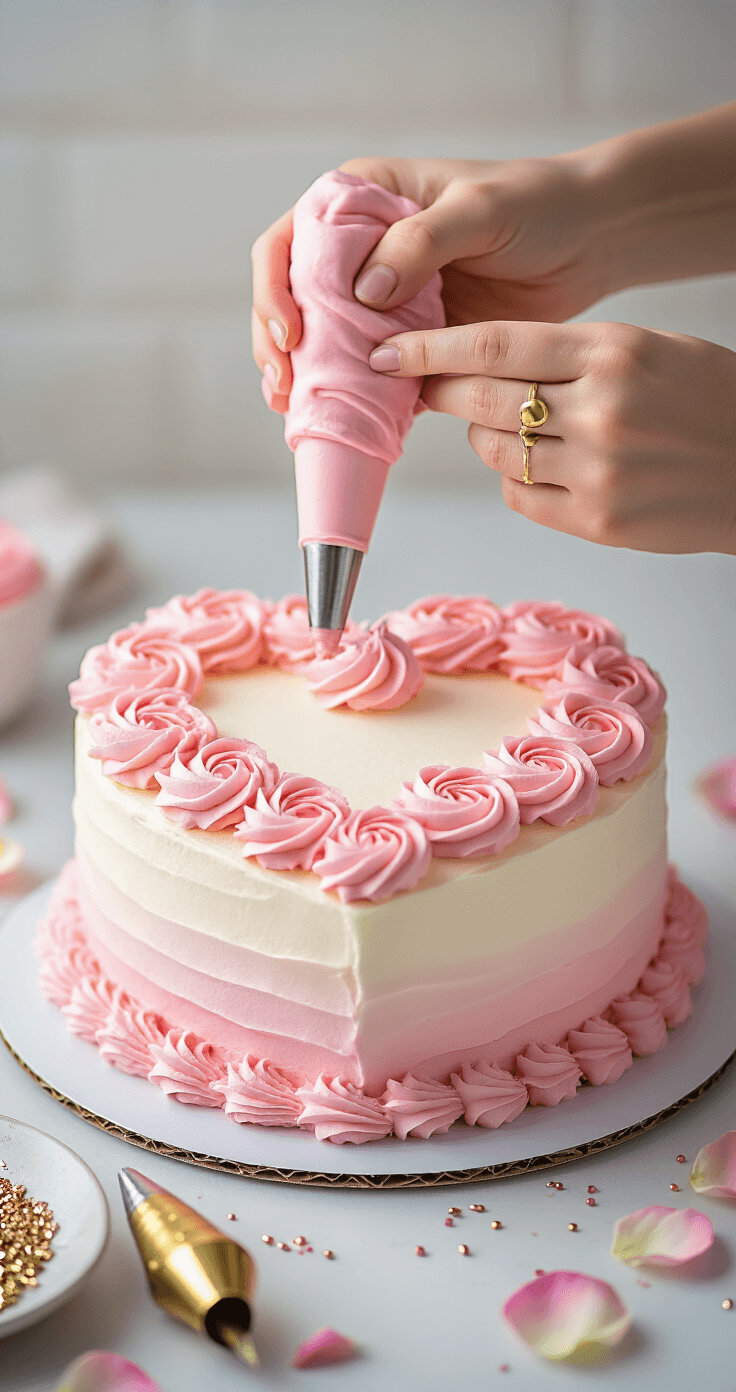 Heart-Shaped Birthday Cake: The Ultimate Celebration Showstopper Close-up of hands piping pink buttercream roses onto a heart-shaped cake with a gradient frosting, surrounded by decorative tools and romantic accents like rose petals and metallic sprinkles.
