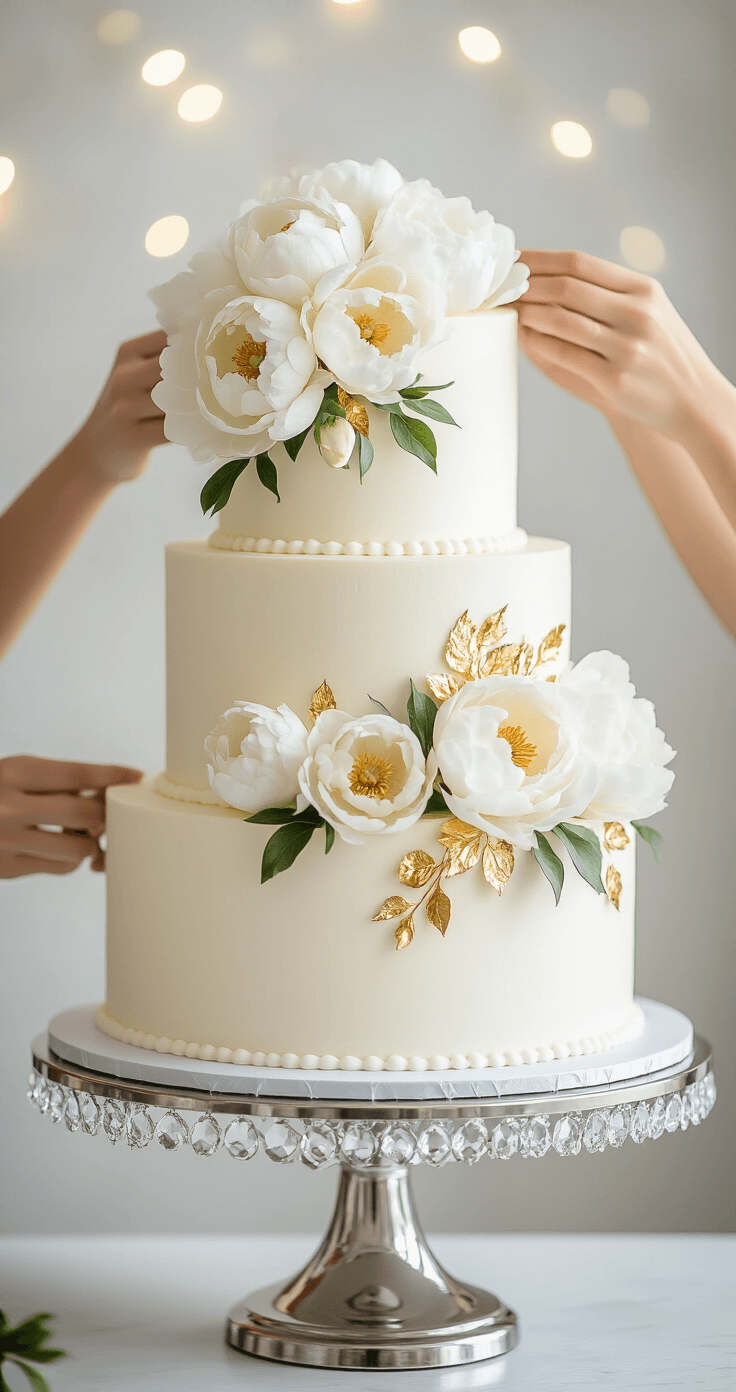 Simple Wedding Cake: A DIY Baker's Ultimate Guide Elegant three-tiered white wedding cake on a metallic turntable, adorned with fresh peonies and gold leaf, showcased under soft studio lighting with a bokeh background.