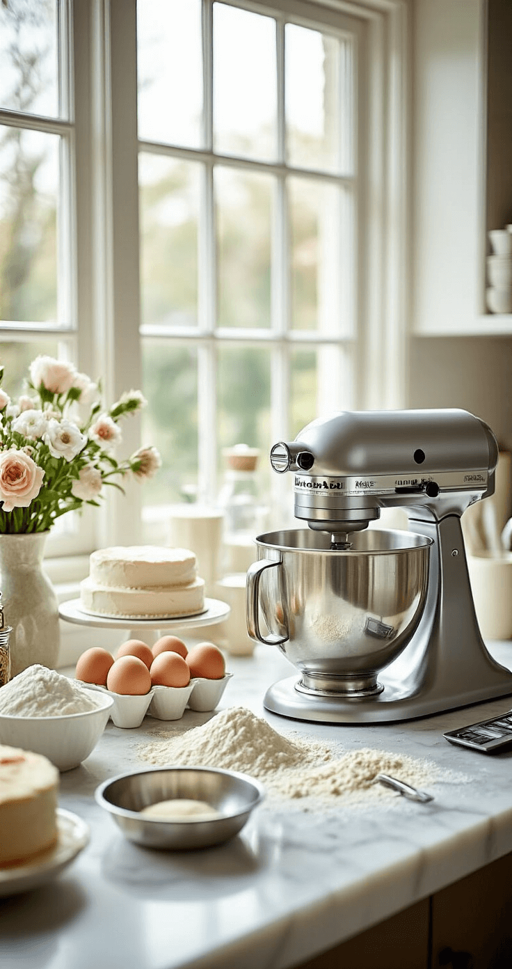 Modern Wedding Cake: The Ultimate Culinary Masterpiece A bright kitchen workspace featuring a marble countertop with baking ingredients, a KitchenAid mixer, measuring tools, and fresh flowers, creating an elegant baking atmosphere.