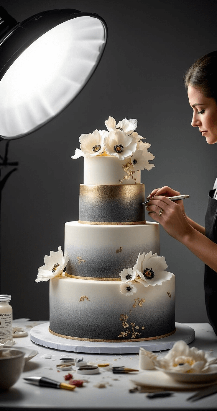 Modern Wedding Cake: The Ultimate Culinary Masterpiece A master pastry chef decorates a three-tier modern wedding cake with intricate Lambeth-style piping under dramatic studio lighting, showcasing a gradient monochrome texture, edible metallic accents, wafer paper flowers, and hand-painted details in a well-equipped workspace.