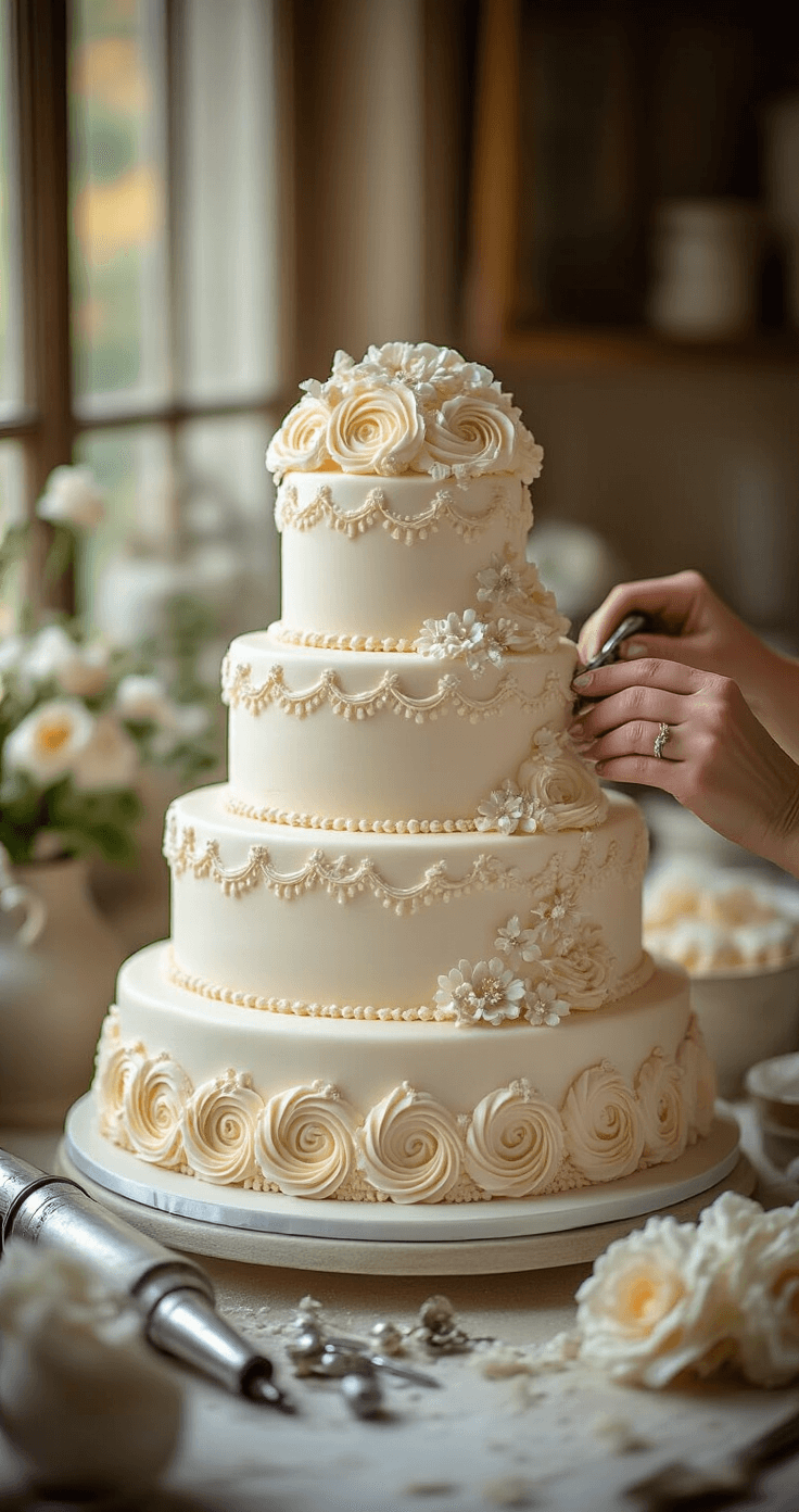 Vintage Wedding Cake: A Timeless Culinary Masterpiece An elegant pastry workspace with a three-tiered white wedding cake being adorned with Lambeth-style piping and pearlescent buttercream, surrounded by vintage silver piping tips, ornate pastry bags, and delicate sugar flowers, illuminated by warm studio lighting.