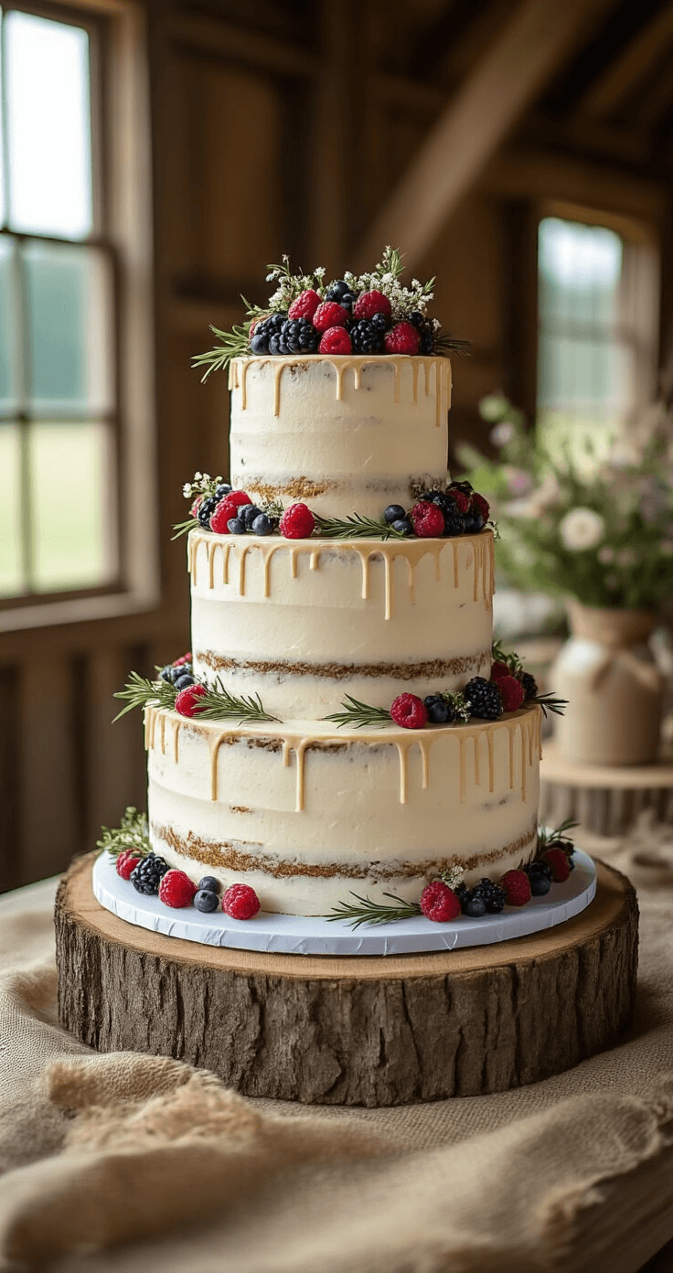 RUSTIC WEDDING CAKE: A FARM-TO-TABLE MASTERPIECE Elegant three-tiered rustic wedding cake on a wood slice stand, featuring textured buttercream, organic drips, wild berries, edible flowers, and rosemary, set in a warm barn with soft afternoon light.