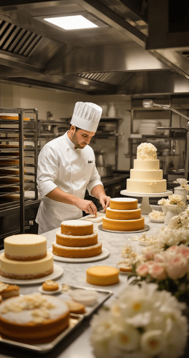 Luxury Wedding Cake: The Ultimate Culinary Masterpiece A professional pastry kitchen with a master baker measuring ingredients on a marble countertop, surrounded by cooling golden sponge cakes, shiny stainless steel equipment, and delicate sugar flowers in progress.