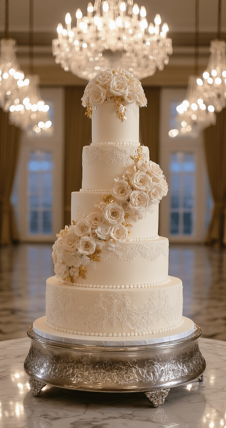 Luxury Wedding Cake: The Ultimate Culinary Masterpiece An opulent ballroom with crystal chandeliers and a six-tier wedding cake on a silver stand, adorned with lace patterns, sugar flowers, and gold accents, reflecting on a polished marble floor.