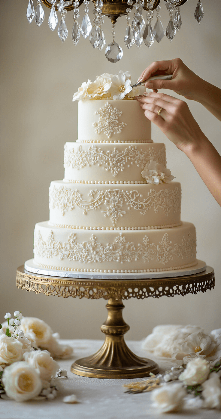 Elegant Wedding Cake Designs: The Ultimate Guide to Stunning Matrimonial Masterpieces Three-tiered wedding cake being decorated with pearl-white fondant and intricate lace patterns on an antique brass stand, surrounded by sugar flowers, under soft afternoon light and a sparkling chandelier.