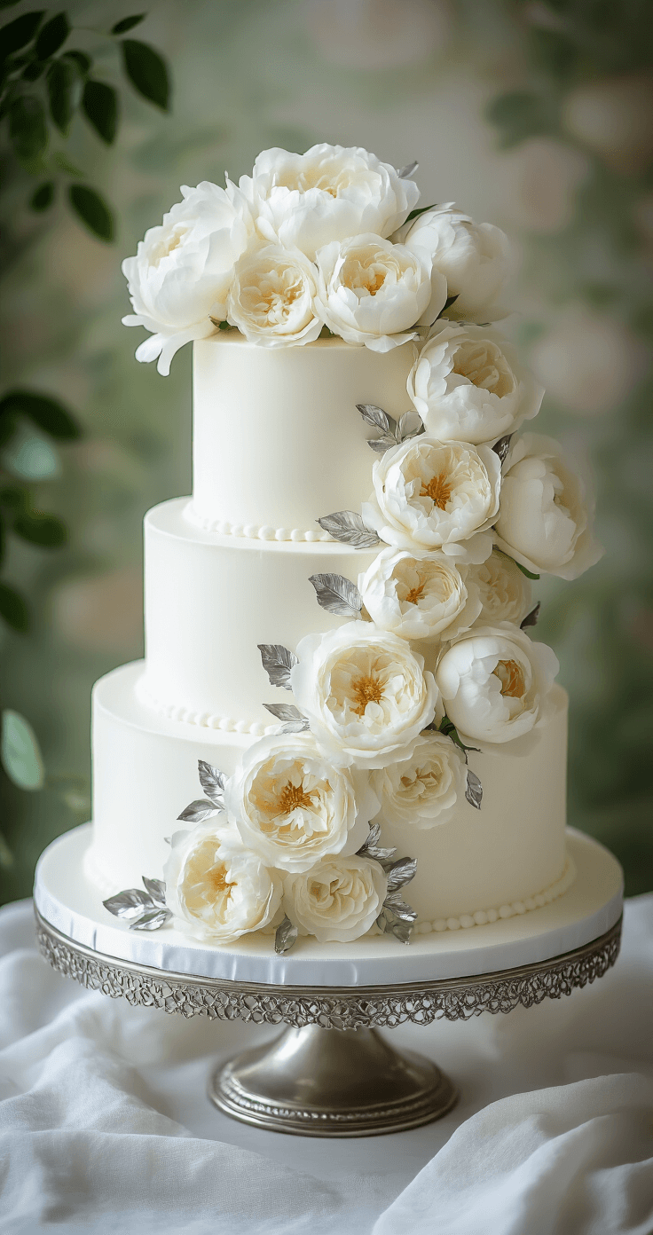 Classic White Wedding Cake: The Ultimate Elegant Celebration Centerpiece Stunning three-tiered white wedding cake on a silver stand, featuring rosette details, fresh peonies, and silver leaf accents against a soft-focus botanical backdrop.