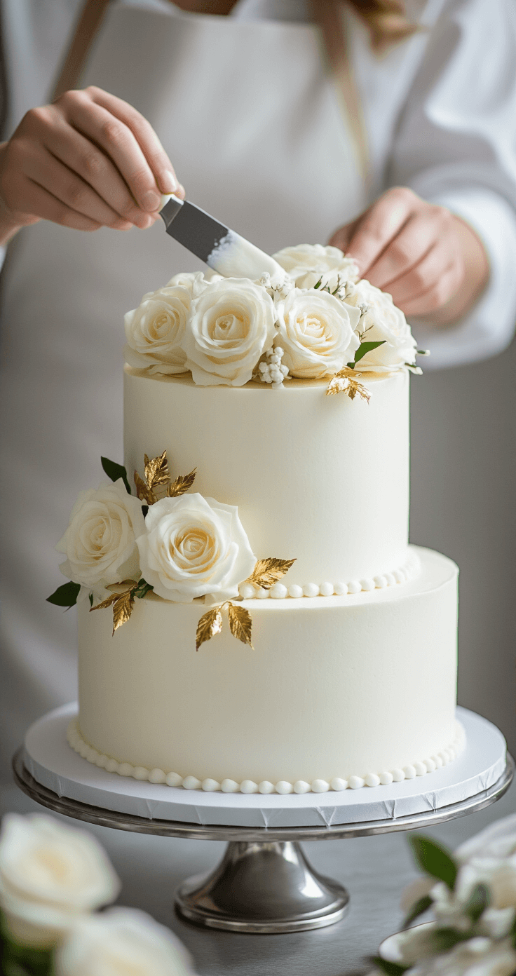 Simple Elegant Wedding Cake: A Minimalist Baker's Guide to the Perfect Celebration Centerpiece A professional bakery setting with a two-tier white wedding cake being assembled on a silver cake stand, featuring pearl-white buttercream, fresh white roses, and gold leaf accents, illuminated by gentle afternoon light.