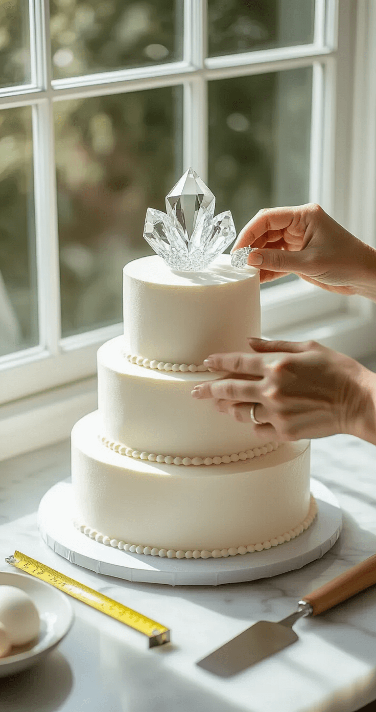 WEDDING CAKE TOPPERS: THE ULTIMATE GUIDE TO CROWNING YOUR CELEBRATION Overhead shot of hands placing a crystalline acrylic wedding topper on a white three-tier cake, with light creating shadows, measuring tape and spatula nearby on a marble countertop.