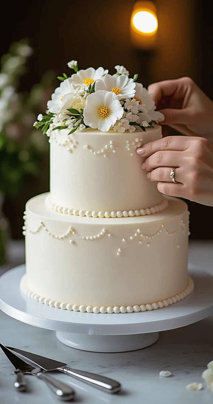 Small Wedding Cake: The Perfect Intimate Celebration Dessert An intimate shot of a petite two-tier white wedding cake on a cake turntable, decorated with buttercream frosting, fresh edible flowers, and intricate pearl piping, with a blurred elegant background and silver cake tools.