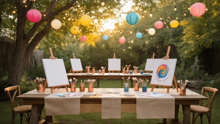 Unleash Creativity: The Ultimate Guide to Hosting a Memorable Paint Birthday Party A dreamy backyard art party setup at golden hour, featuring rustic wooden tables under string lights, with easels holding pristine canvases, vintage jars of jewel-toned acrylic paints, and artisanal paintbrushes. Dappled sunlight filters through trees, illuminating cream-colored tablecloths and protective kraft paper. Styled paint palette in the foreground and a gallery wall of artworks with fairy lights in the background, all captured with soft bokeh and shallow depth of field.