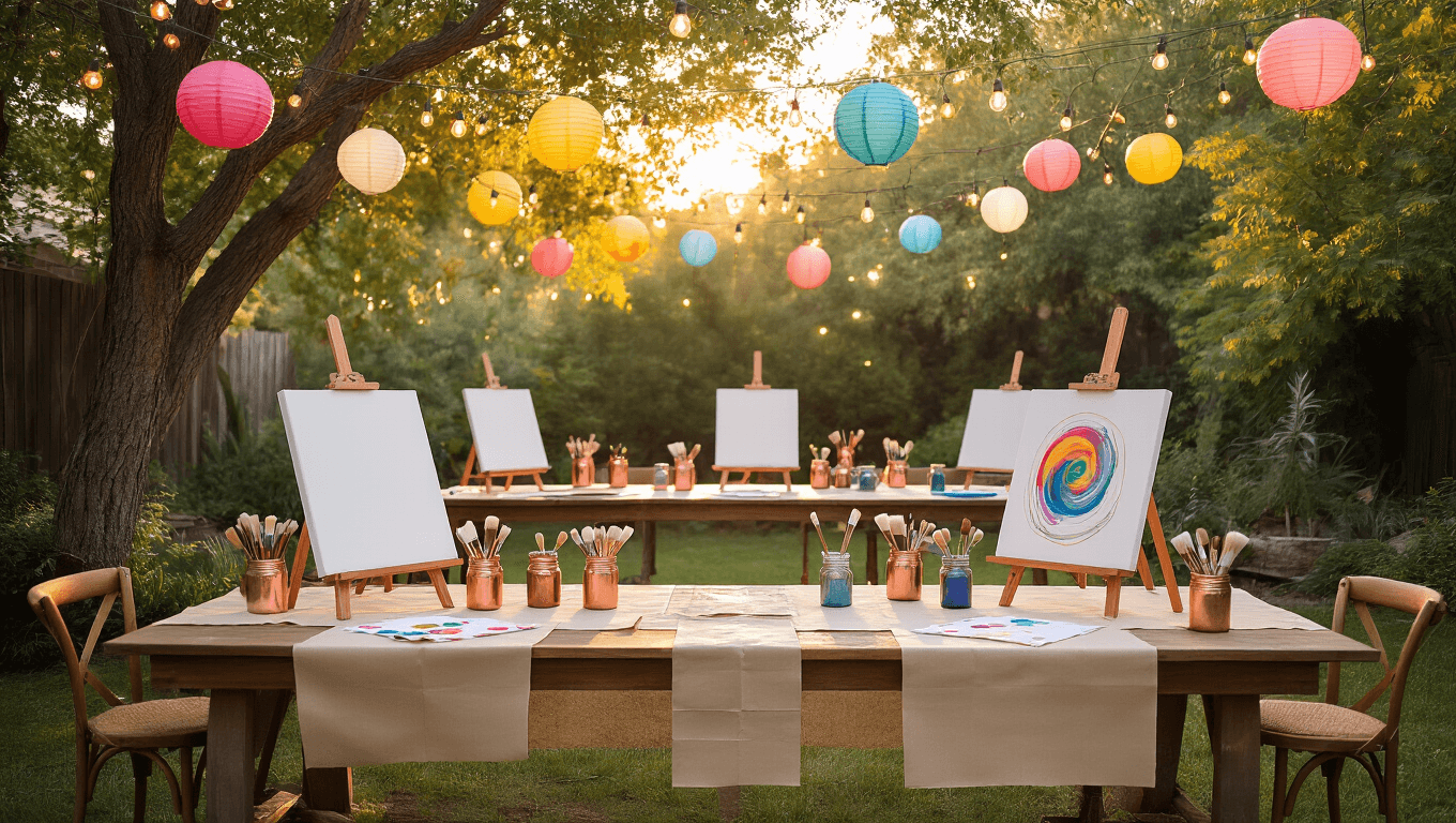 A dreamy backyard art party setup at golden hour, featuring rustic wooden tables under string lights, with easels holding pristine canvases, vintage jars of jewel-toned acrylic paints, and artisanal paintbrushes. Dappled sunlight filters through trees, illuminating cream-colored tablecloths and protective kraft paper. Styled paint palette in the foreground and a gallery wall of artworks with fairy lights in the background, all captured with soft bokeh and shallow depth of field.