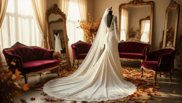 October Wedding Dresses: Your Complete A sunlit bridal boutique with an ivory crepe wedding gown featuring long lace sleeves on a mannequin, surrounded by vintage gold mirrors, burgundy velvet seating, and autumn leaves, with a cathedral veil and warm golden light creating a romantic atmosphere.