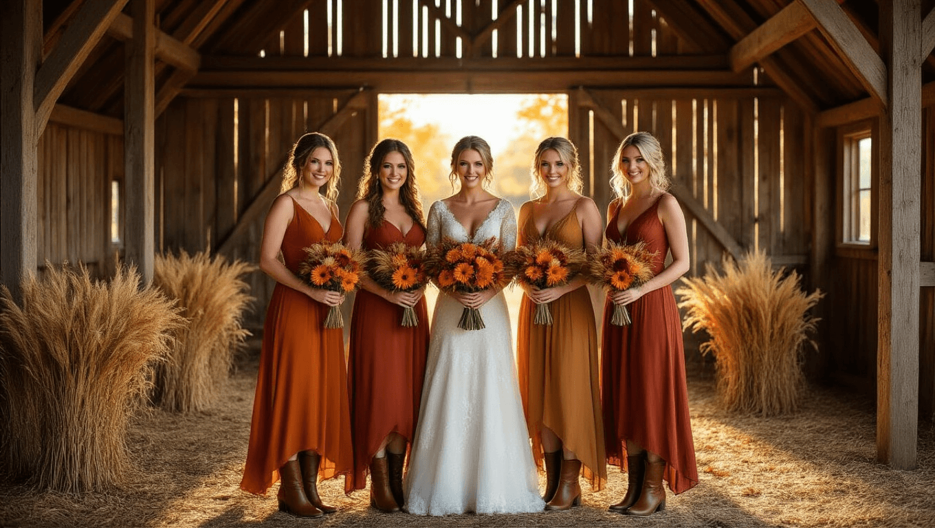 Five bridesmaids in flowing autumn-colored dresses stand in a rustic wooden barn, illuminated by golden sunlight, holding bouquets of dried wheat and orange dahlias, wearing soft leather boots, creating a cozy fall atmosphere.