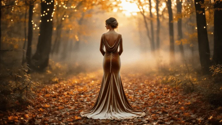 FALL WEDDING DRESSES: YOUR COMPLETE GUIDE TO AUTUMN BRIDAL STYLE A bride in a champagne velvet gown with long sleeves stands in a misty forest clearing at golden hour, surrounded by autumn leaves and twinkling fairy lights, featuring a dramatic cowl back with gold chain detail, captured from a low angle with ethereal lighting and golden bokeh effects.