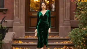 The Perfect Fall Wedding Guest Dress A slim woman in an emerald green velvet midi dress stands in a historic brownstone entryway at golden hour, adorned with gold statement earrings and holding a structured gold clutch, with autumn leaves scattered on the steps.