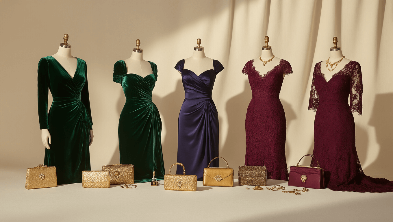 High-fashion editorial image of luxurious fall wedding guest dresses in rich jewel tones, displayed on mannequins against a cream backdrop, with gold and bronze accessories.