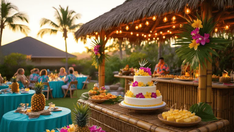 Throw the Ultimate Luau Birthday Party: Your Complete Guide to Tropical Celebration Magic Photorealistic scene of a luxurious backyard luau party at golden hour, featuring a bamboo tiki bar with orchids, turquoise tables with tropical centerpieces, a dessert station with a coconut cake, guests in Hawaiian shirts, and vibrant overhead decor, all bathed in warm, cinematic lighting.