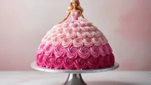 BARBIE BIRTHDAY CAKE: THE ULTIMATE PRINCESS DESSERT Photorealistic image of a Barbie doll cake on a silver stand, showcasing a bell-shaped skirt made of pink velvet cake with ombre buttercream rosettes, set against a pastel pink background.