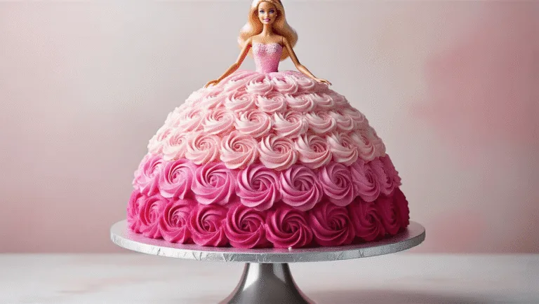BARBIE BIRTHDAY CAKE: THE ULTIMATE PRINCESS DESSERT Photorealistic image of a Barbie doll cake on a silver stand, showcasing a bell-shaped skirt made of pink velvet cake with ombre buttercream rosettes, set against a pastel pink background.