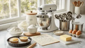 BIRTHDAY CAKE FOR KIDS: THE ULTIMATE GUIDE Professional baking station on a white marble countertop, featuring a KitchenAid mixer, organized ingredients in various containers, and a handwritten recipe card, all bathed in warm morning light with a soft bokeh background.