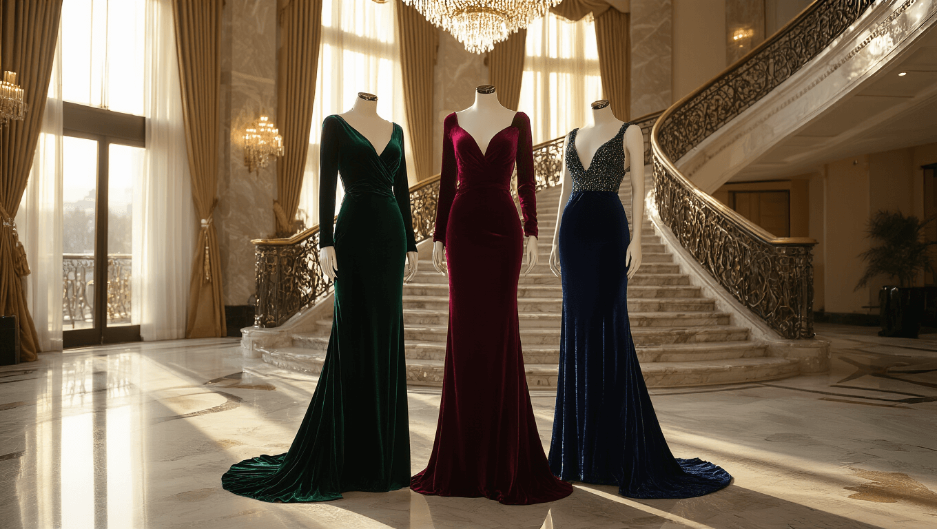Glamorous fashion scene in a luxury hotel lobby showcasing floor-length evening gowns in jewel tones, illuminated by golden hour light, with elegant accessories and a marble staircase in the background.