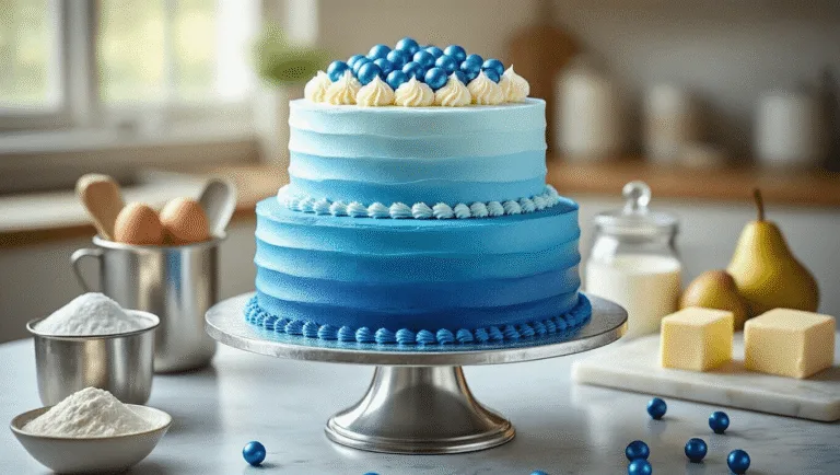 Ultimate Blue Birthday Cake: A Stunning Celebration Centerpiece Photorealistic two-tiered blue ombré birthday cake on a silver pedestal, adorned with white chocolate curls and metallic blue sprinkles, surrounded by baking ingredients in a softly lit kitchen.
