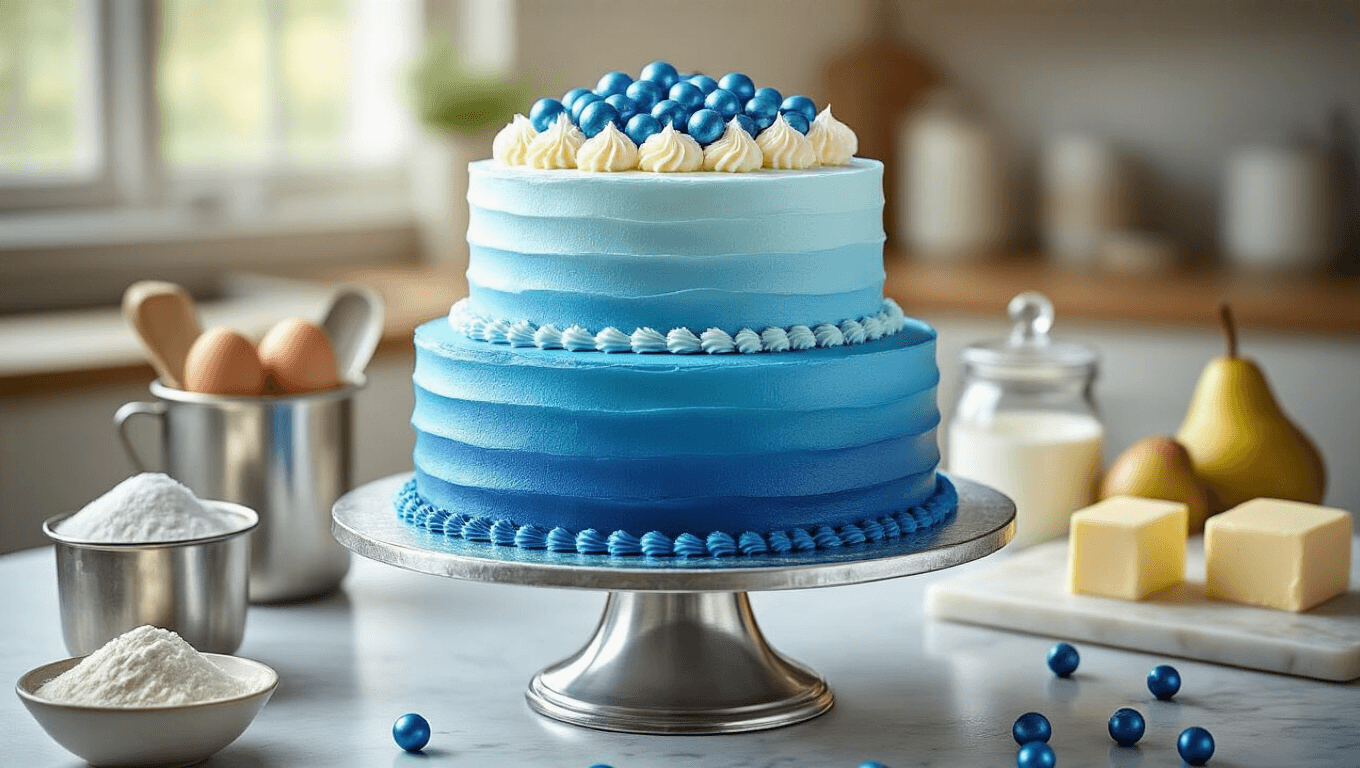 Photorealistic two-tiered blue ombré birthday cake on a silver pedestal, adorned with white chocolate curls and metallic blue sprinkles, surrounded by baking ingredients in a softly lit kitchen.