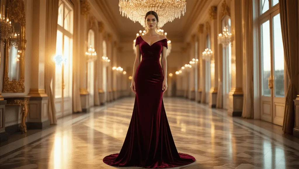 Fall Black Tie Wedding Guest Dresses: Your Ultimate Style for 2024 A burgundy velvet gown in an elegant ballroom during golden hour, featuring draping and gold accessories, illuminated by sparkling chandeliers and reflections in gilded mirrors.