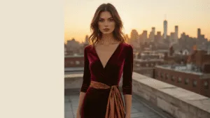 What to Wear to an October Wedding: Your Ultimate Guest Style A model in a burgundy velvet midi dress poses on a rooftop terrace at sunset, with the city skyline and autumn-colored buildings in the background, showcasing luxury fashion in warm, atmospheric lighting.