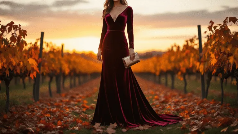 Fall Wedding Guest Dresses: Your Ultimate Style A model in a floor-length burgundy velvet gown stands in a rustic vineyard at golden hour, surrounded by autumn leaves; she holds a metallic clutch, illuminated by warm sunset light.