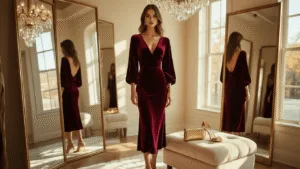 Fall Wedding Guest Dresses With Sleeves: Your Complete Style Guide for 2025 A deep burgundy velvet midi dress with blouson sleeves displayed in a sunlit boutique fitting room, featuring floor-to-ceiling mirrors and warm golden hour light, complemented by a metallic gold clutch and block-heeled sandals on a cream ottoman, all under a crystal chandelier, creating a luxurious and romantic autumnal atmosphere.